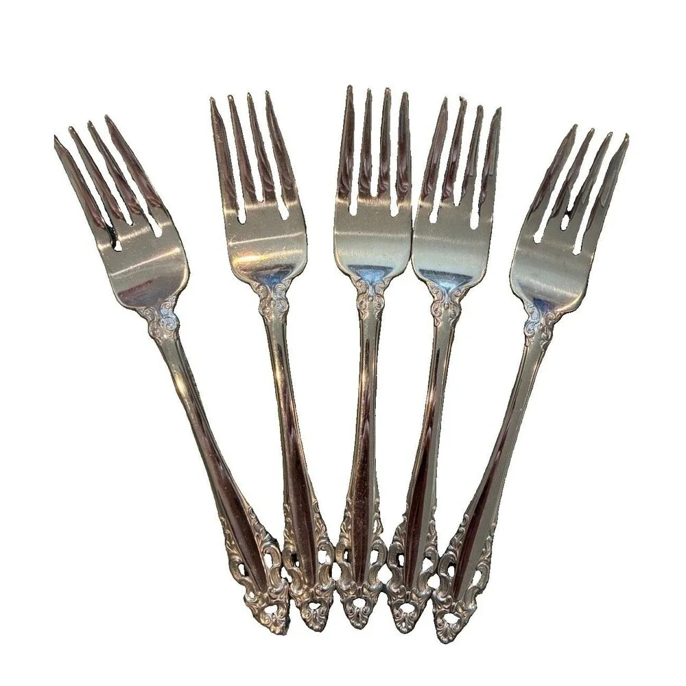 Lot of 5 Oneida Pierced Baroque Salad/Dessert Forks, Silver Floral Handle